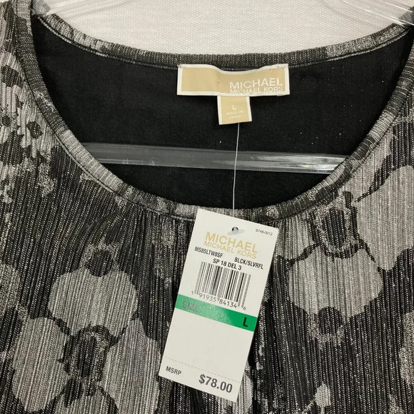 New Michael Michael Kors Gray White Floral Metallic Round Neck Ruffle Top Large - Picture 2 of 9
